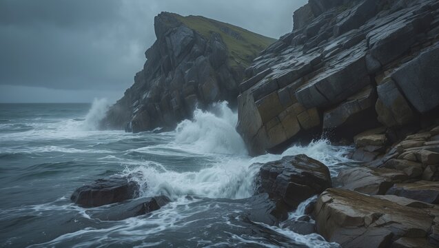 Rough sea crashing against rocky cliffs with waves and stormy sky over green hill coastline. Nature and weather, ocean storm, rugged landscape. The power of ocean and rocky shoreline.