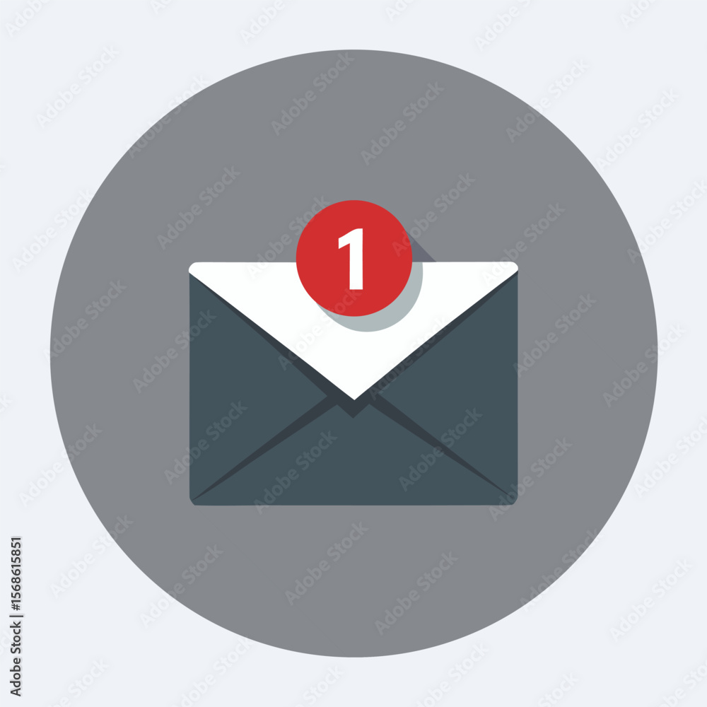 Poster modern flat icon of a dark gray envelope with a red notification badge showing the number one set ag