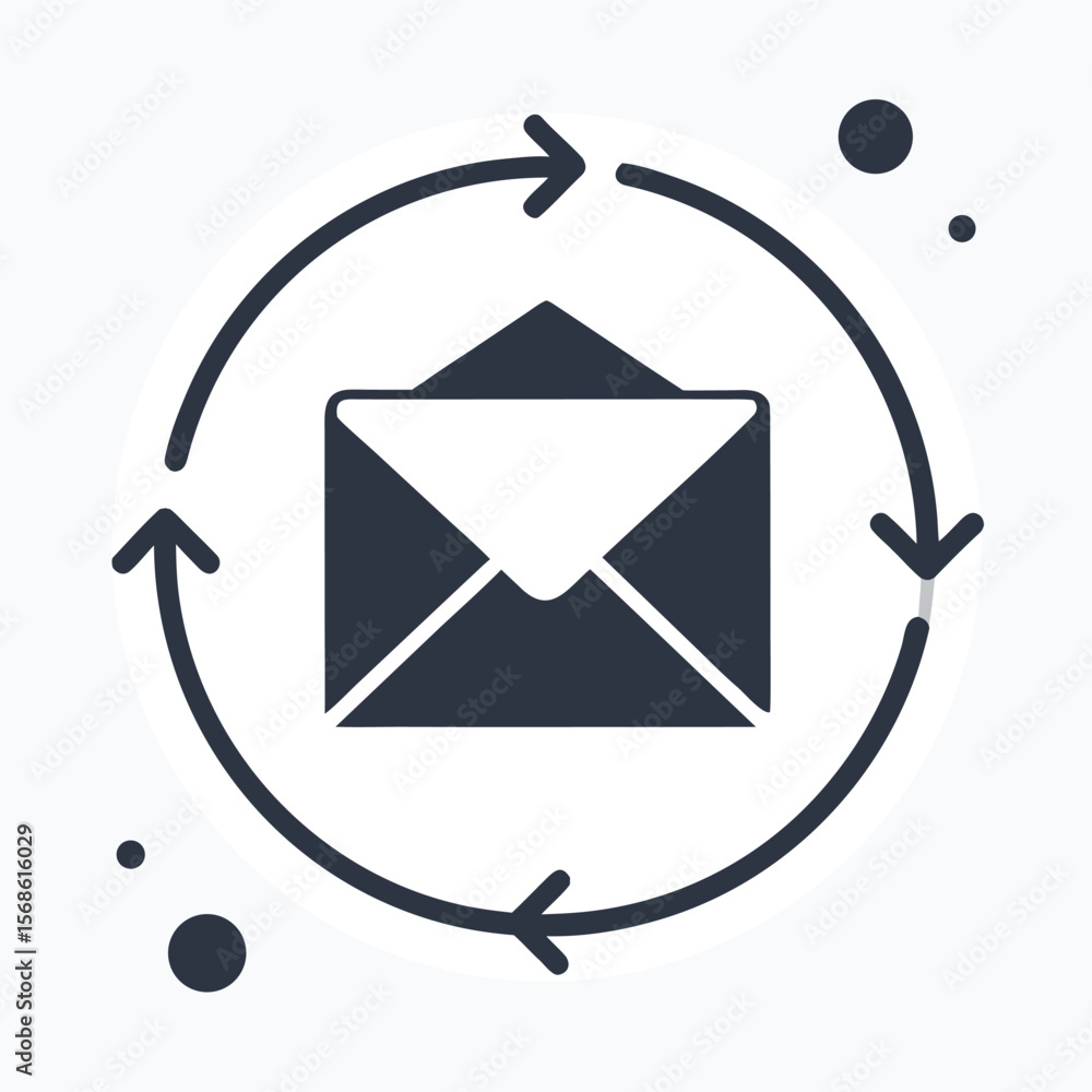 Poster circular arrows surround envelope icon representing email marketing automation and communication cyc