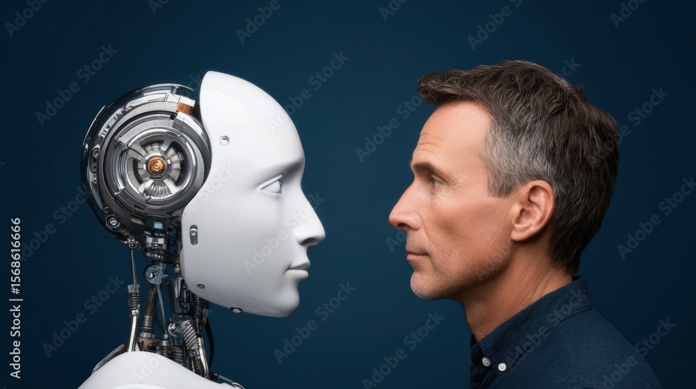 Fototapete close up of human man and humanoid robot face to face showing connection and interaction in technology and robotics development