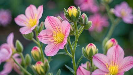 Fototapeta premium Pink and yellow flowers with buds and green leaves.