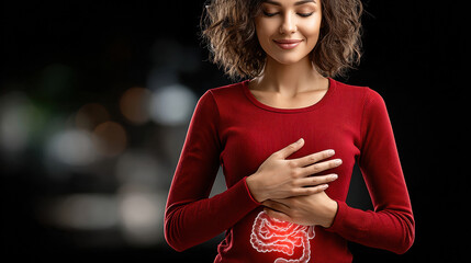 Happy young woman holding stomach with healthy digestive system illustration on red shirt