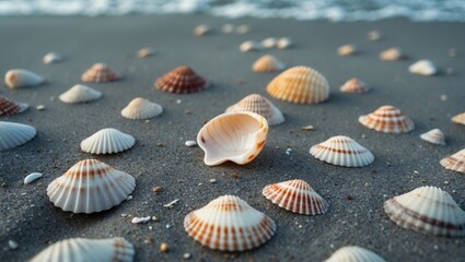 Collection of seashells scattered on the sandy beach. Nature and marine life, ocean and shoreline, shells and beach environment. The concept of marine ecology and coastal scenery