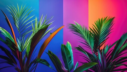 Vibrant tropical plants in front of colorful backgrounds with shades of blue, pink, purple, and orange, showcasing lush green foliage.