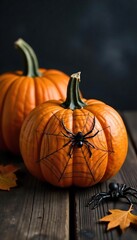 Intricately Carved Spooky Pumpkins with Spiderwebs and Creepy Crawlies on Rustic Wood, Perfect for Halloween Decorations