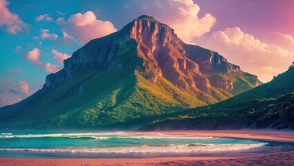 Fototapeta premium Mountain landscape with a beach and ocean beneath, featuring lush green slopes and a dramatic peak under colorful clouds.