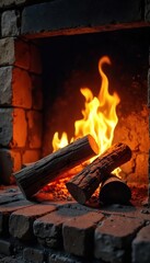 Rustic Fireplace with Crackling Firewood Flames Cozy Winter Night Scene