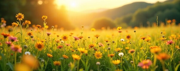Golden Hour Wildflowers Summer Field Swaying Gently in the Breeze, Perfect for Carefree Vibes and Rural Landscape Designs