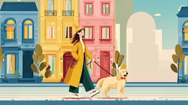 Woman walking golden retriever dog in city street art illustration vector design artwork style art