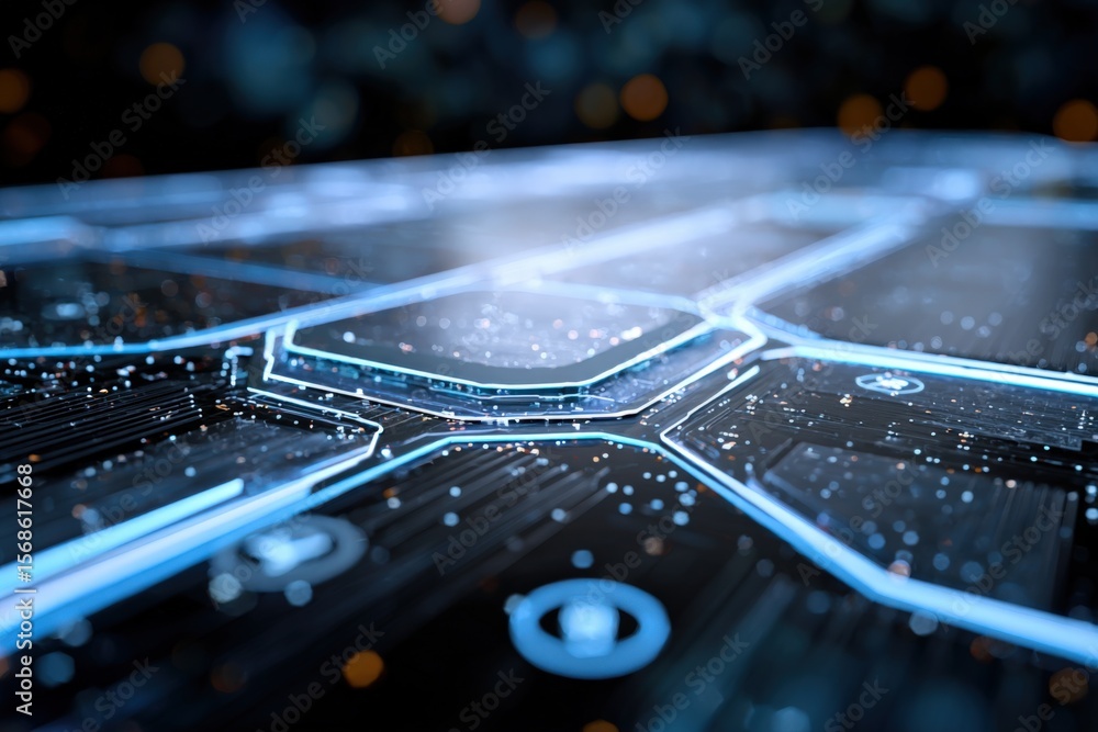 Aufkleber Futuristic 3D digital technology interface with glowing neon hexagonal shapes and data streams on a virtual touchscreen display
