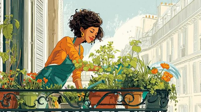 Balcony gardening tips: woman watering plants in urban garden on apartment balcony paris france