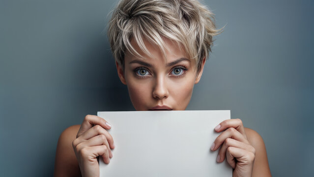 A stylish blonde woman with a short pixie haircut holds a blank white sign in front of her face against a muted gray backdrop.  Her piercing blue eyes peek over the top. Signage.