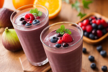 【アサイースムージー】ブルーベリーとラズベリーを浮かべたアサイーのスムージー。