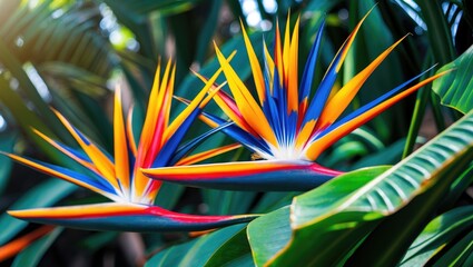 Colorful bird of paradise flower with vibrant orange, blue, and yellow petals amidst green foliage. Tropical exotic plant in a lush garden setting.