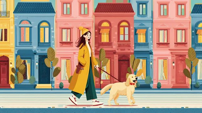 Woman walking dog illustration in city street with colorful buildings and stylish autumn outfit