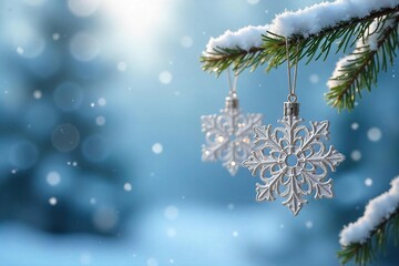 Delicate Silver and White Snowflake Ornaments Hanging on a Snowy Branch, Magical Winter Holiday Scene, Perfect for Seasonal Gift Giving