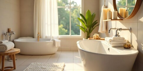 Serene Bathroom Interior Soft Lighting, Fluffy Towels, Luxurious Bath Products.  Perfect for Relaxation, Self-Care, Spa, Wellness, and Home Decor Inspiration. Tranquil Minimalist Design.