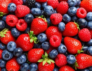 Fototapeta premium Vibrant Mix of Fresh Strawberries, Blueberries, and Raspberries