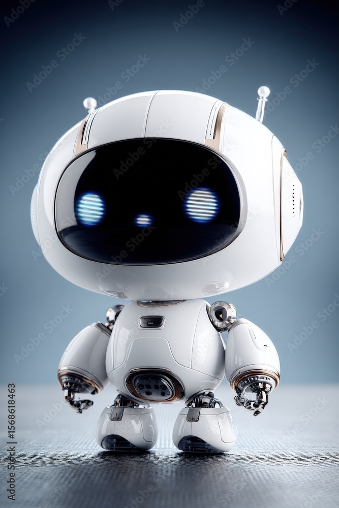 Poster Adorable white robot with large black visor and small antennae standing on metallic surface against blue gradient background, futuristic toy
