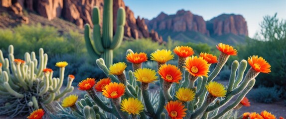 Colorful desert cacti and blooming flowers in a mountainous landscape with rocky cliffs and clear sky.