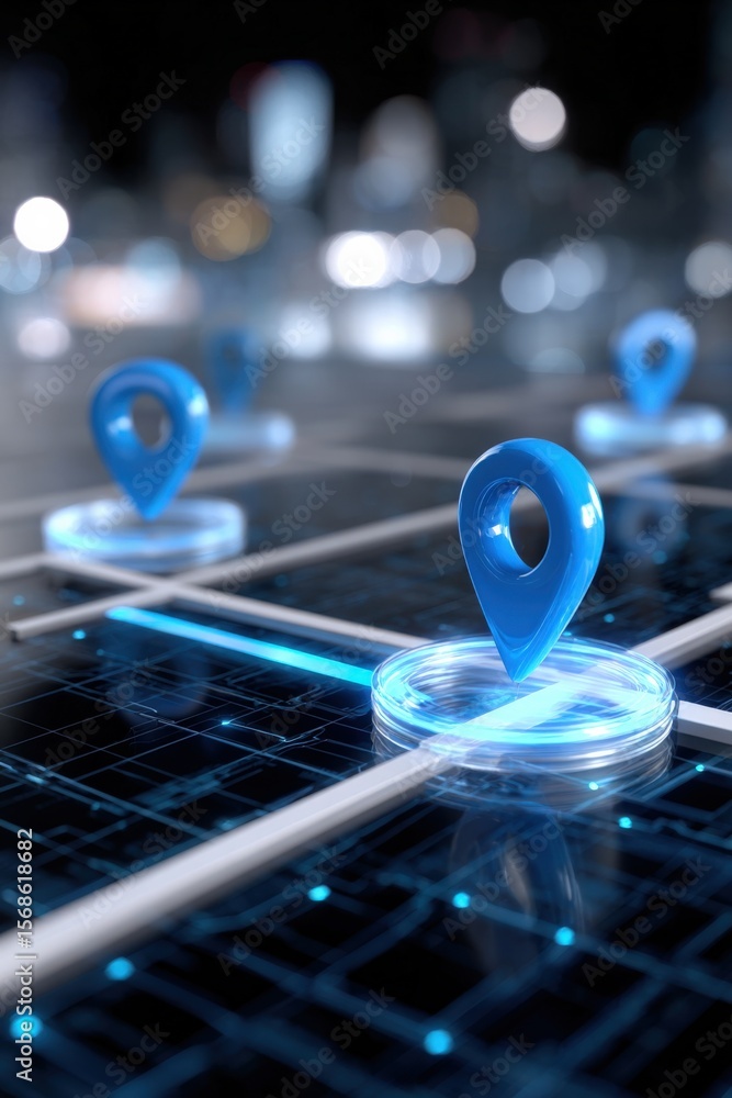 Aufkleber High-tech Digital Map with Bright Blue Location Markers Over a Futuristic Circuit Board Background for Navigation or Geolocation Concepts