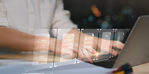 professional meticulously reviews multiple virtual documents,