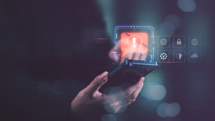 Programmer and virtual icons ,exclamation mark ,alarm,computer virus detected ,danger warning concept or information error that should be urgently fixed and repaired ,Notification of security issues