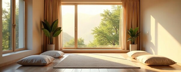 Serene Minimalist Meditation Studio Calming Natural Light, Comfortable Cushions, Peaceful Ambiance Perfect for Relaxation and Mindfulness Therapy
