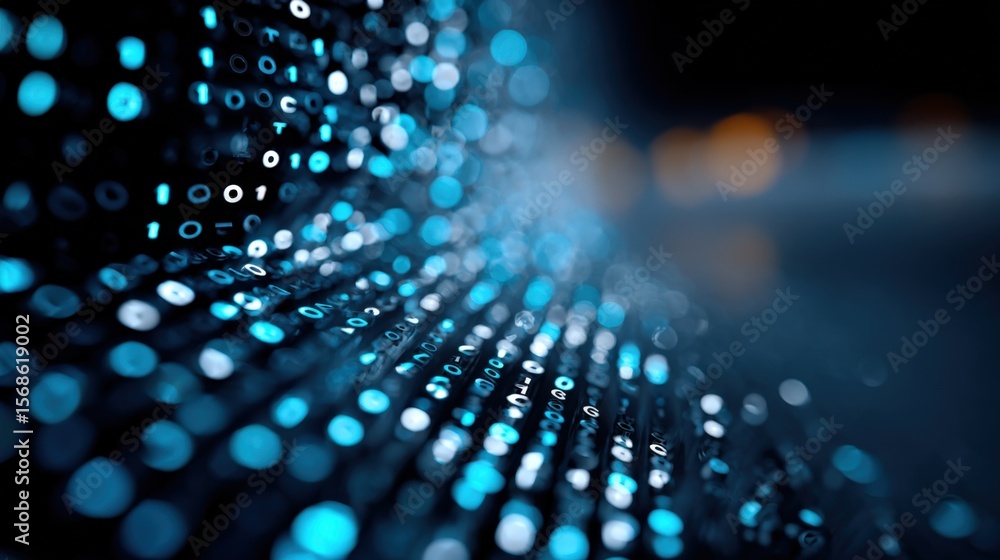 Aufkleber Abstract digital data stream pattern with glowing blue and white circles representing technology and connectivity in futuristic design