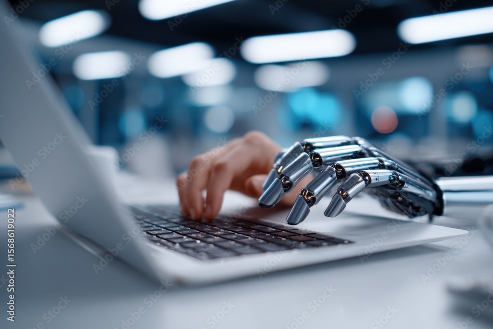 Fototapete futuristic robotic hand typing on a laptop keyboard in a modern high-tech office environment with bl