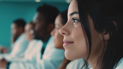 Fototapeta premium Close Up of Young Woman with Blue Eyes and Black Hair Smiling Du Conference or Seminar with Diverse ence Members in Background