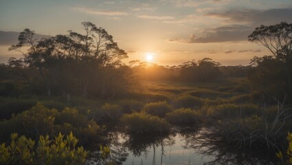 Obraz premium Sunset over a natural landscape with trees and water reflecting the sky. Nature and wildlife scene. The tranquil environment of a wilderness area.