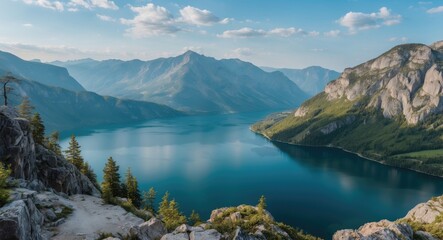 Mountain lake landscape with mountains and trees, serene nature scene, outdoor scenery, tranquil water body, and natural environment.