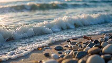 Beach scene with waves, pebbles, and sand. Coastal environment, natural landscape, calm water. The scene of shoreline, ocean waves, and rocks on the beach.
