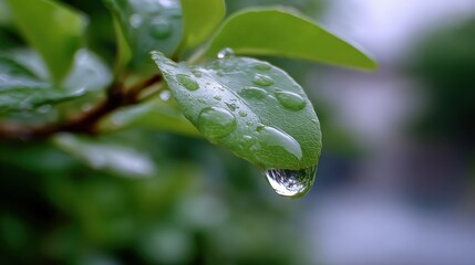 Close-up of fresh green leaf with water droplets, detailed natural scene showcasing vibrant foliage and moisture on plant surface