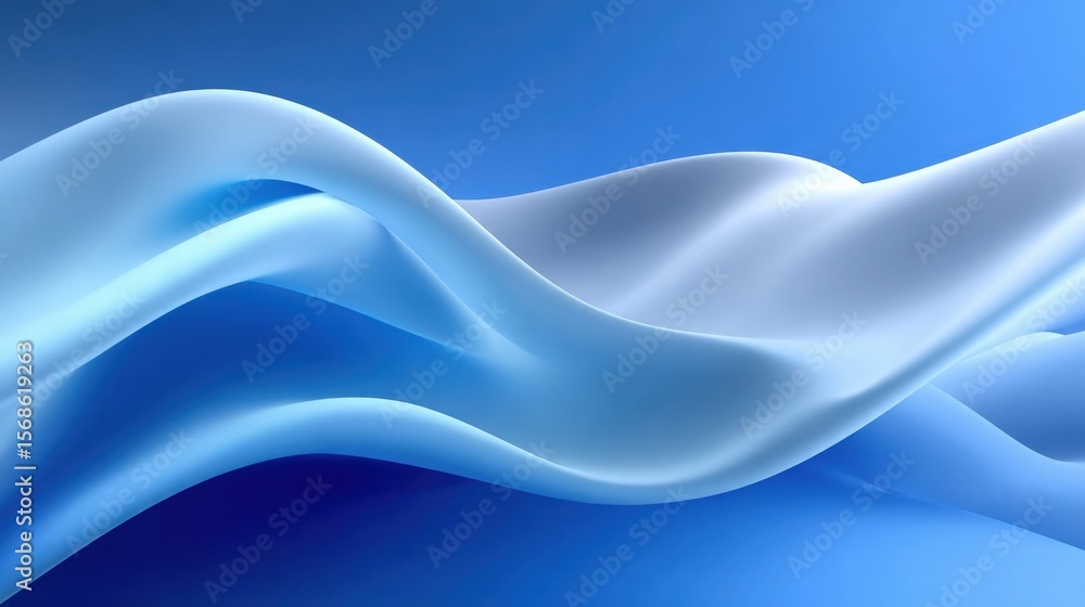 Poster Abstract flowing smooth blue and white silk fabric waves with glossy surface and modern artistic background for design projects