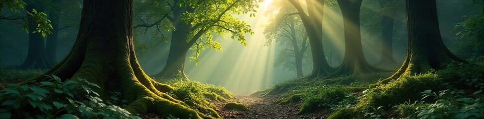 Sun-Dappled Ancient Forest Tranquil Mossy Path, Towering Trees, Mystical Atmosphere