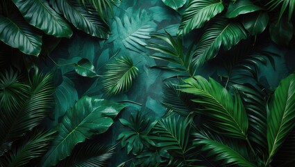 Lush green jungle leaves with various shapes and textures, creating a dense tropical forest scene.