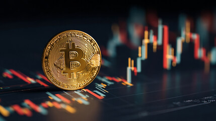 Digital candlestick chart illustrating cryptocurrency and stock market trends with financial data, technology elements, and bitcoin symbols. Represents investment analysis, trading growth, and market 