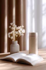 Elegant minimalist still life composition featu a white ceramic vase with white daisies, a closed beige thermos, and an open journal on a wooden desk with soft natural light