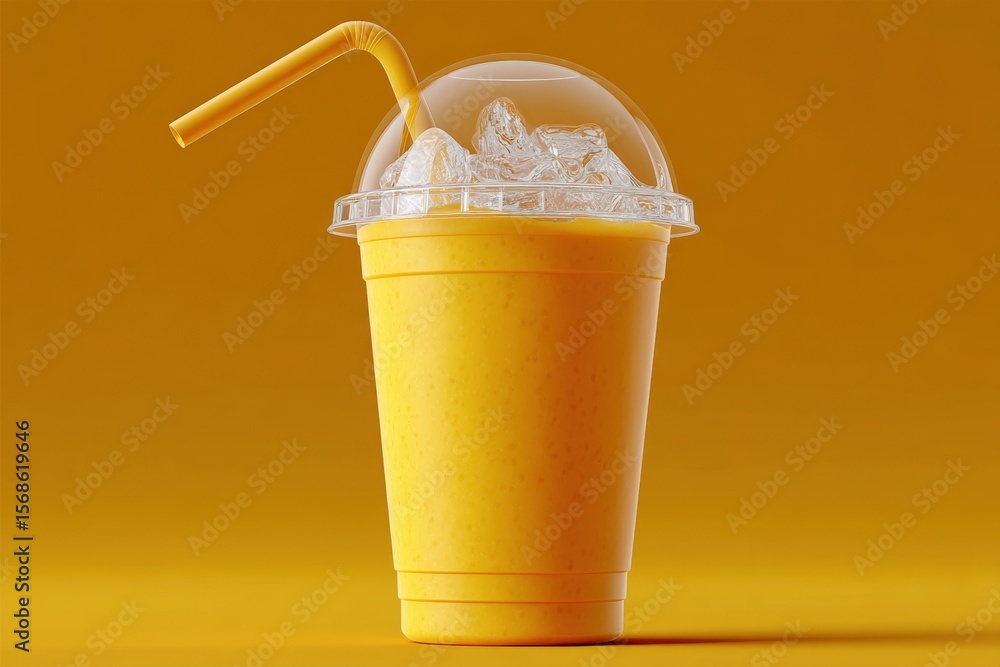 Aufkleber refreshing cold yellow smoothie with ice cubes in a disposable cup with straw on a vibrant yellow ba