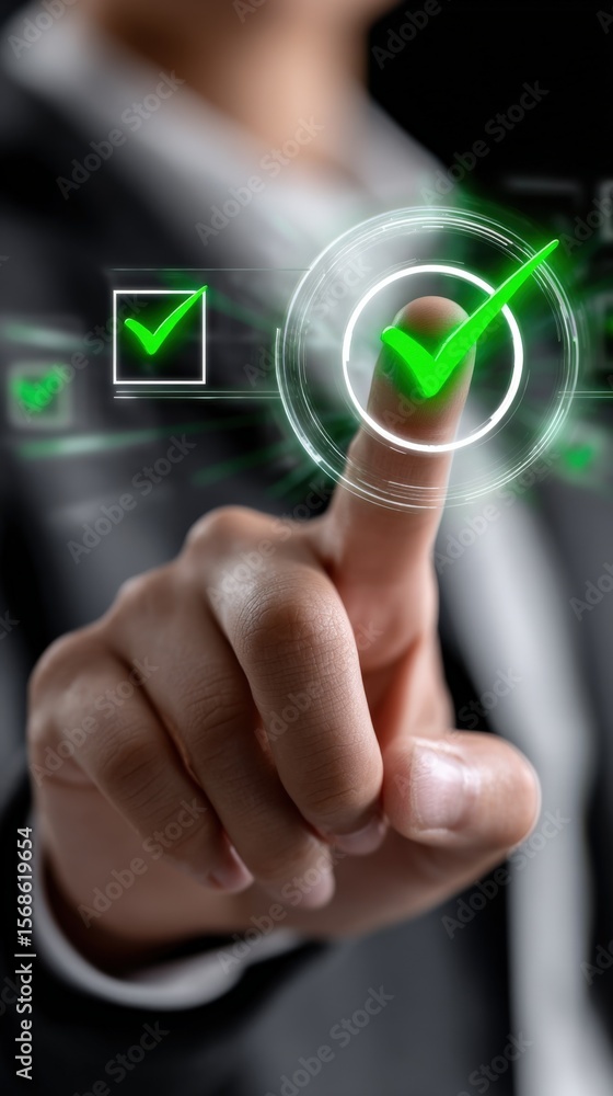 Aufkleber Close-up of a person pressing a virtual green checkmark icon on a futuristic digital interface representing approval validation and technology concept