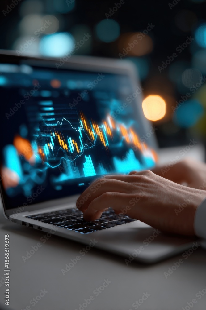 Poster professional trader analyzing digital financial graphs on laptop screen with stock market data and m