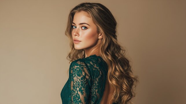 Back-facing shot of petite model with long golden waves, looking over shoulder, modeling dark emerald green lace set, Studio background, clean composition, commercial shoot