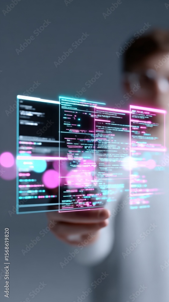 Poster Futuristic digital interface displaying multiple holographic code screens with neon glow effects in a technological environment