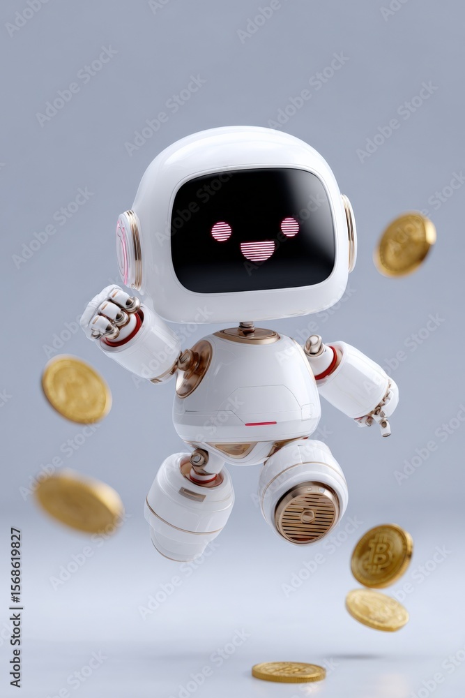 Aufkleber Cute playful humanoid robot with a digital face smiling and interacting with falling gold coins in a modern minimalistic setting