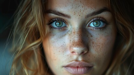 Close-up of a woman's face, freckled skin, piercing green eyes, and light brown wavy hair