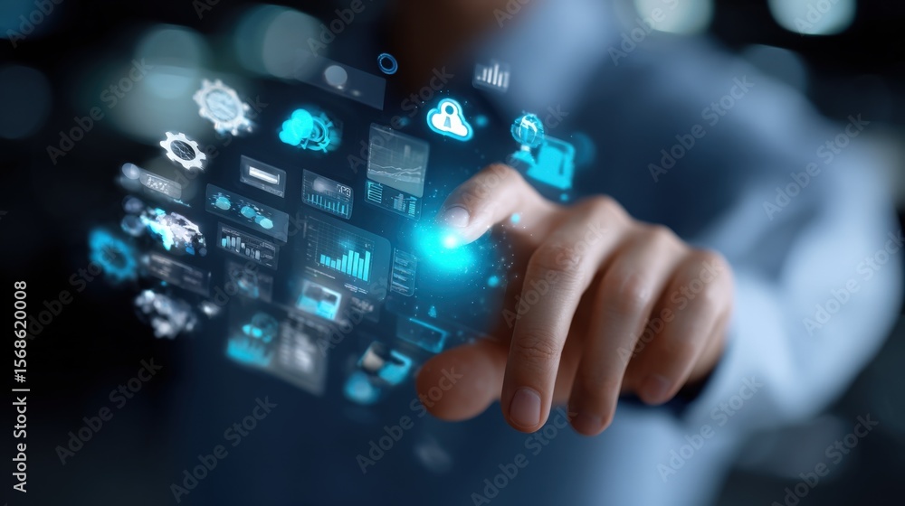 Poster Futuristic digital interface with holographic icons and data visualization technology for innovative user interaction and high-tech concept
