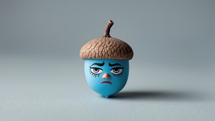 A blue character with an acorn cap hat and a sad facial expression.