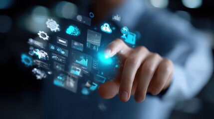 Futuristic digital interface with holographic icons and data visualization technology for innovative user interaction and high-tech concept